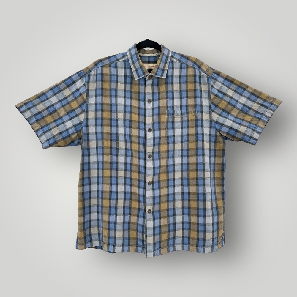Tommy Bahama Silk Shirt Mens LARGE Button‎ Up Short Sleeve Plaid Blue Brown